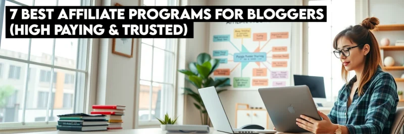 Female content creator planning affiliate marketing strategy with visual mind map of networks and income streams in bright home office