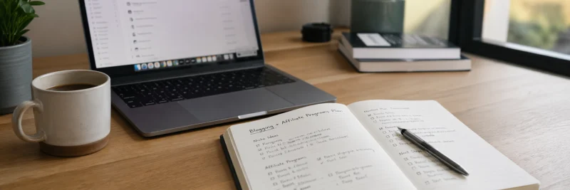 Laptop and notebook on desk used for planning blogging affiliate programs
