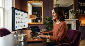 A successful entrepreneur managing her digital product empire from a luxury home office.