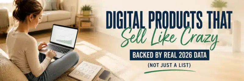 A woman in her twenties reviewing a trend chart on a laptop while sitting on a rug, illustrating digital products that sell like crazy in 2026