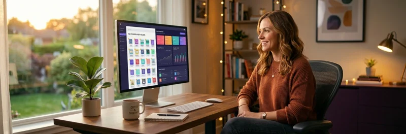 A professional entrepreneur in a gold silk blouse managing digital products that sell like crazy empire from a luxury purple-themed office.