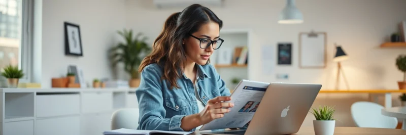 Female creator planning digital product launches and e-commerce strategies on a laptop in a bright office.