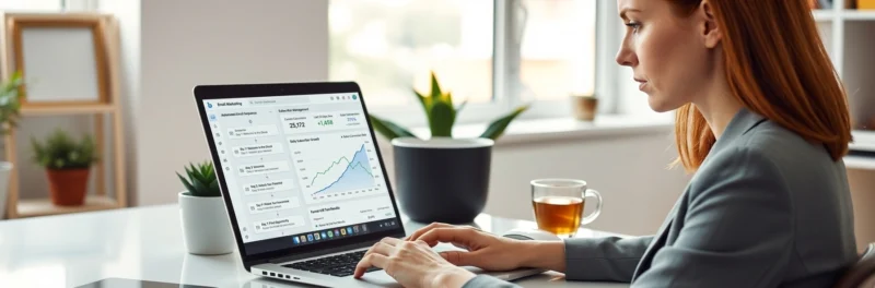 Woman building an email funnel on a laptop to sell digital products online.