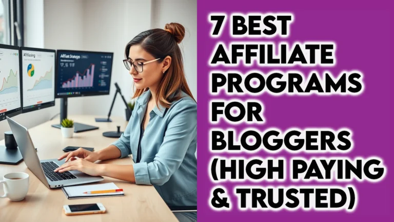 Professional female blogger managing affiliate marketing programs with revenue dashboards and partner brands on multiple monitors