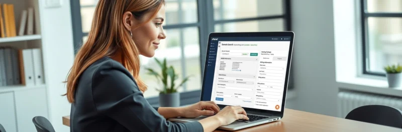 Woman setting up blog hosting and a free domain name on a laptop for her new website.