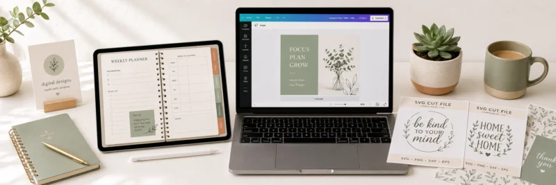 A professional desktop setup showing a laptop with Canva templates, a digital planner on a tablet, and SVG cut files, illustrating how to sell digital products on Etsy.