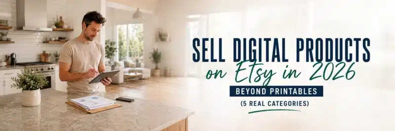 Man planning how to sell digital products on Etsy beyond printables at a kitchen counter