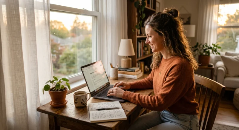 A new blogger setting up her WordPress site using Hostinger in a professional home office." I don't want 2 monitor screens, can you generate me a different option please