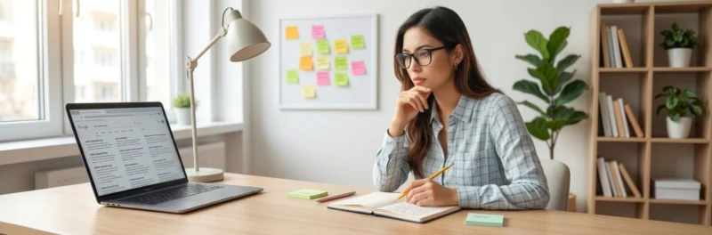 Woman brainstorming blog niche ideas with a laptop and notebook while learning how to start a blog.