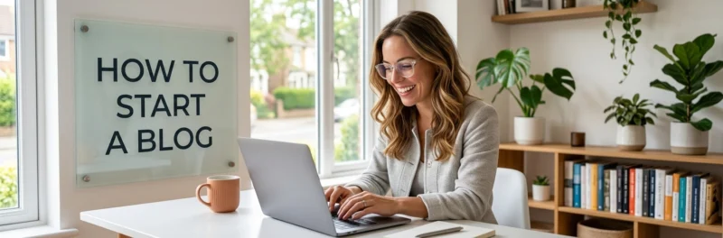 Inspired woman working on a laptop next to a sign reading how to start a blog in a bright home office.