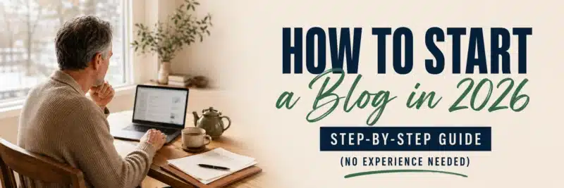 Man learning how to start a blog on a laptop at a wooden desk