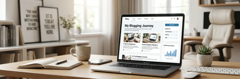 How to start a blog featured image showing a laptop with a professional blog displayed on the screen in a modern home office