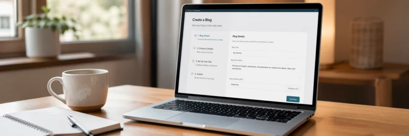 Laptop on a wooden desk showing a blog setup dashboard with a notebook and coffee beside it