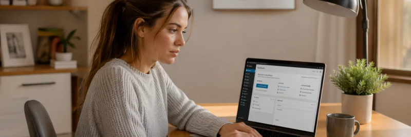 Woman at a desk using a laptop displaying WordPress dashboard during blog setup