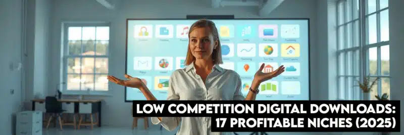 Woman presenting low competition digital download niches on digital screen in studio