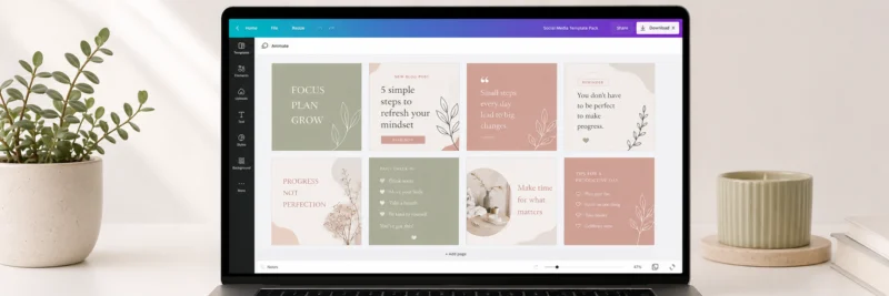 A laptop screen displaying a professional Canva social media template pack, illustrating one of the most profitable digital products to sell on Etsy.