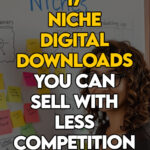 Female digital creator reviewing niche product ideas on a whiteboard.