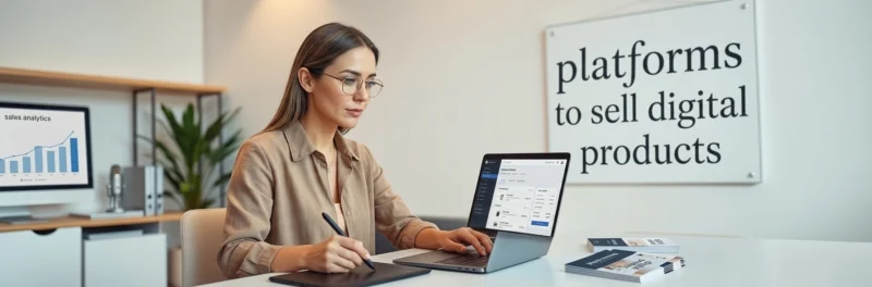 Female entrepreneur creating digital products in a studio workspace next to a sign reading platforms to sell digital products.