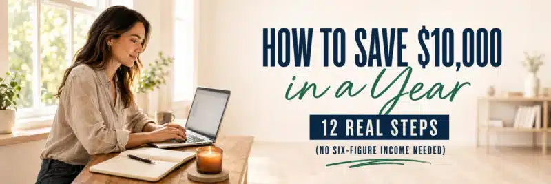Woman planning how to save $10,000 in a year at a home desk