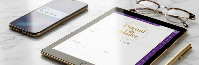A high-end digital planner on a gold tablet with sale notifications in a luxury workspace.