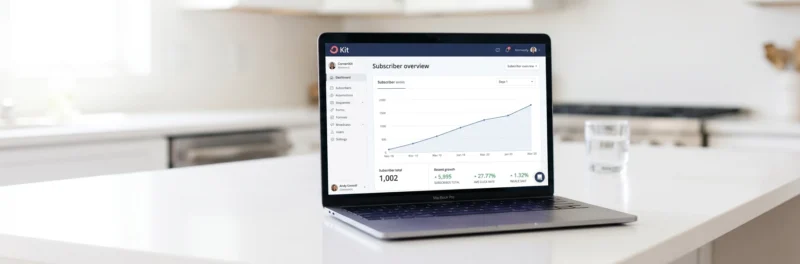 Laptop on a bright white kitchen island displaying the Kit ConvertKit subscriber growth dashboard showing an upward trend as part of a strategy to start a blog and make money