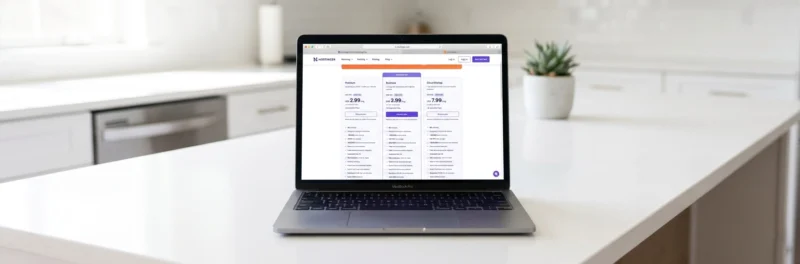 Laptop on a bright white kitchen island displaying the Hostinger hosting plan comparison page showing options to start a blog for beginners