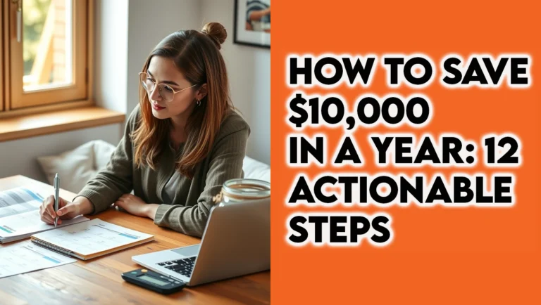 Woman planning finances with budget app and $10,000 savings jar