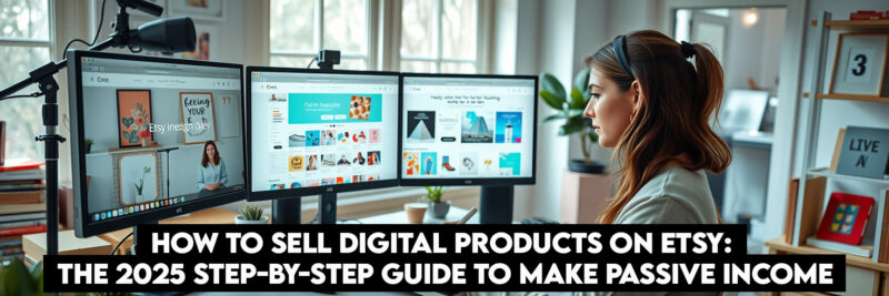 Female designer creating digital products for Etsy shop using graphics tablet in bright creative studio