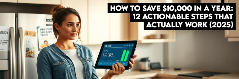 Woman tracking progress toward saving $10,000 with digital tablet and expense charts in modern kitchen