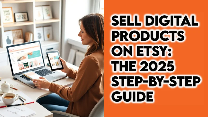 Female entrepreneur managing digital product shop on Etsy with laptop displaying listings and tablet showing designs