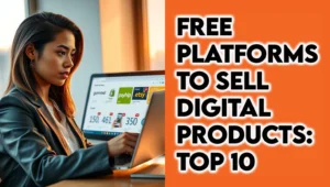 Professional woman managing digital product sales across multiple online platforms on laptop