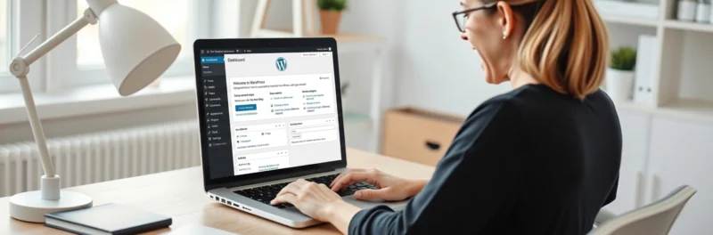 Woman setting up a new WordPress blog on a laptop in a bright home office.