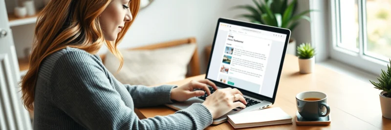 Woman writing her first blog post on a laptop in a cozy home office.