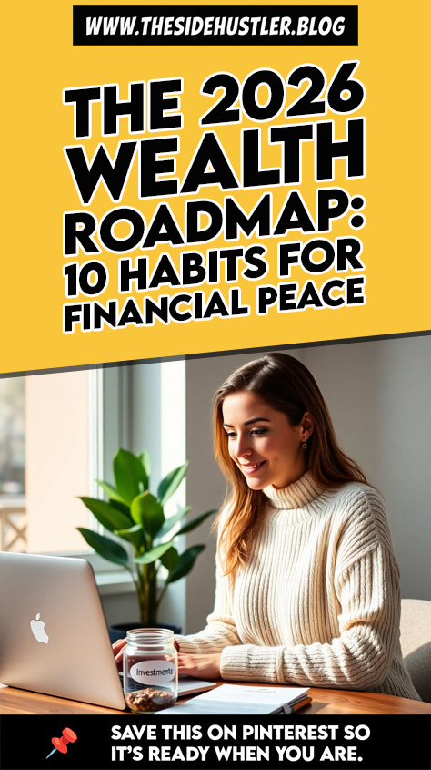 Smiling woman pointing at wealth building roadmap on screen, illustrating frugal financial habits for peace and long-term growth in 2026.