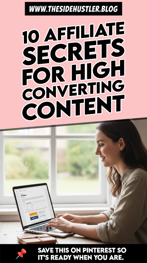 Smiling woman working on affiliate dashboard on laptop near window, learning 10 secrets to create high-converting content in 2026.