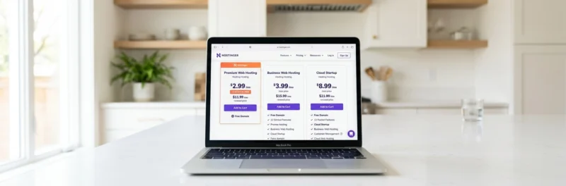Laptop on a bright white kitchen island displaying the Hostinger hosting plan comparison page showing intro and renewal pricing for bloggers looking for the best budget hosting