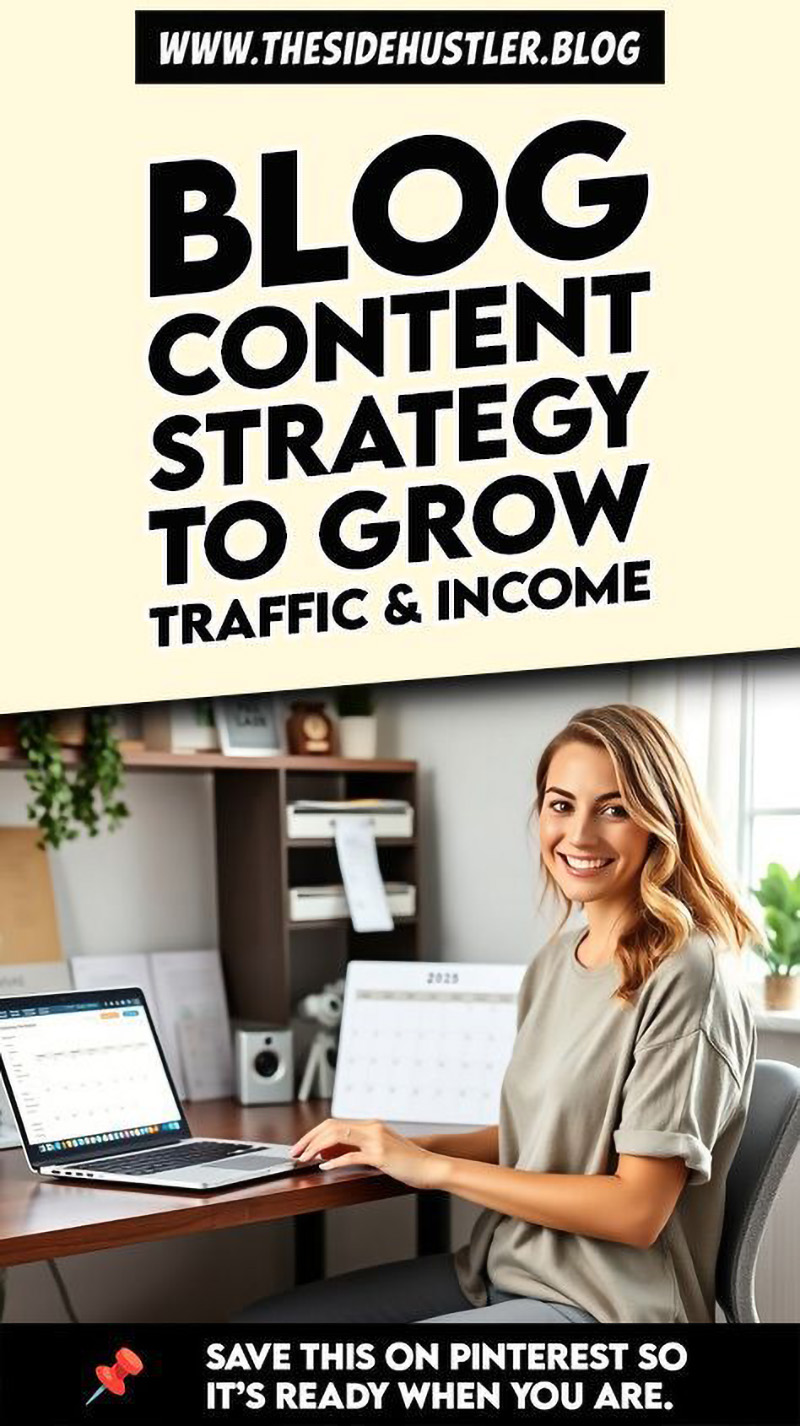 Smiling blogger at desk using a content calendar on her laptop, illustrating a blog content strategy to grow traffic and income.