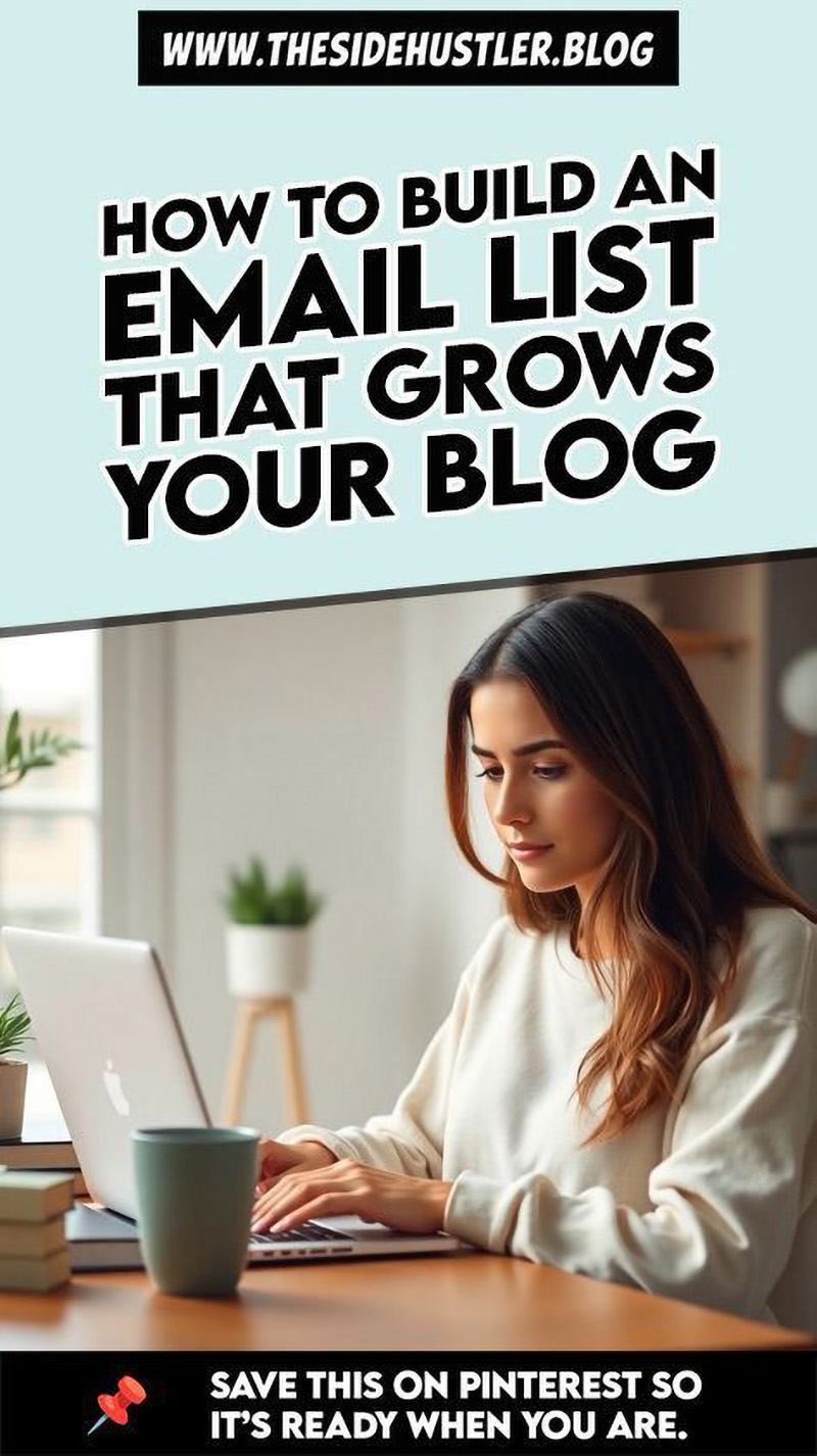 Step-by-step guide to building an email list for your blog, featuring a woman in a cozy workspace using a laptop with a coffee mug nearby.