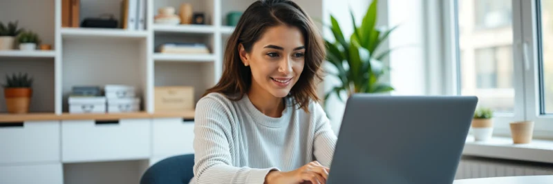 Woman reviewing micro-investing growth and FIRE savings strategy on a laptop at home.
