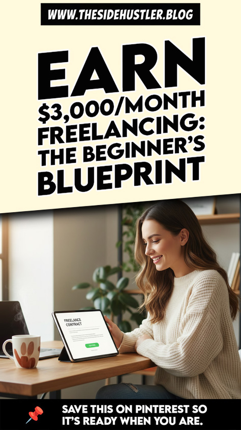 Freelancer’s blueprint to earn $3,000 per month — woman smiling at tablet screen showing a freelance contract while working from a cozy home office.