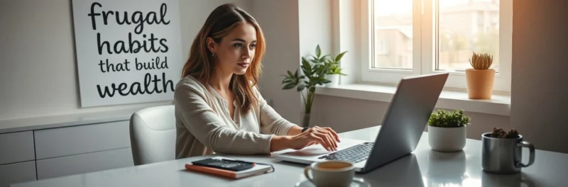 Woman managing her finances at home beside a sign reading frugal habits that build wealth.