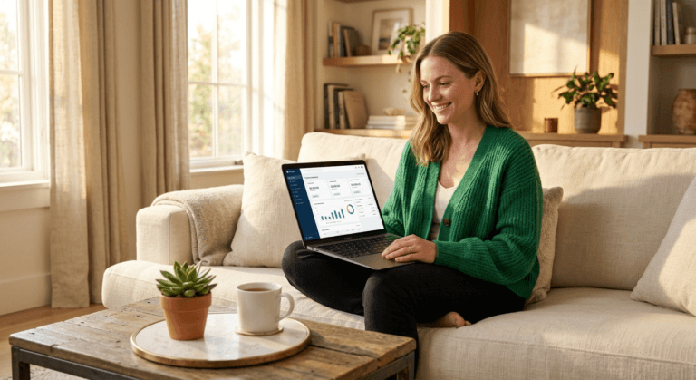 A woman in an emerald green cardigan comfortably managing her frugal habits that build wealth on a laptop.