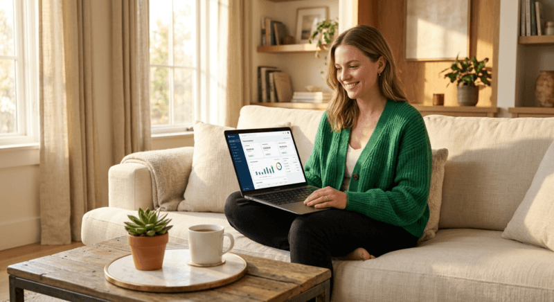 A woman in an emerald green cardigan comfortably managing her frugal habits that build wealth on a laptop.