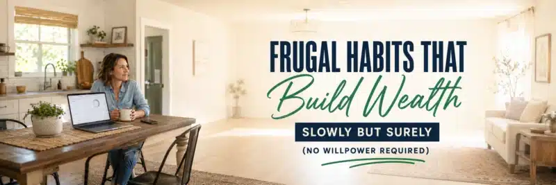 Woman practicing frugal habits that build wealth at her kitchen table