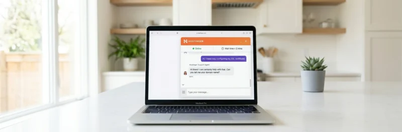 Laptop on a bright white kitchen island displaying the Hostinger live chat support window with an active support conversation as part of a Hostinger vs Bluehost for bloggers comparison