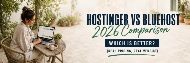 Woman comparing Hostinger vs Bluehost hosting on a laptop