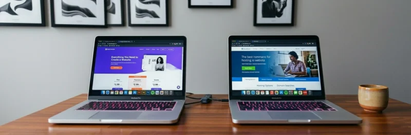 Laptop on a warm living room coffee table displaying the Hostinger pricing page with Bluehost open in a browser tab for a direct Hostinger vs Bluehost comparison
