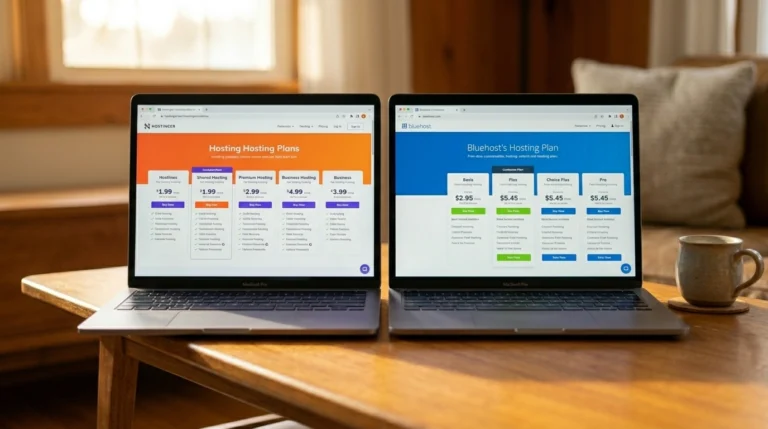 Laptop on a warm living room coffee table displaying the Hostinger and Bluehost hosting pricing pages open side by side for a Hostinger vs Bluehost comparison