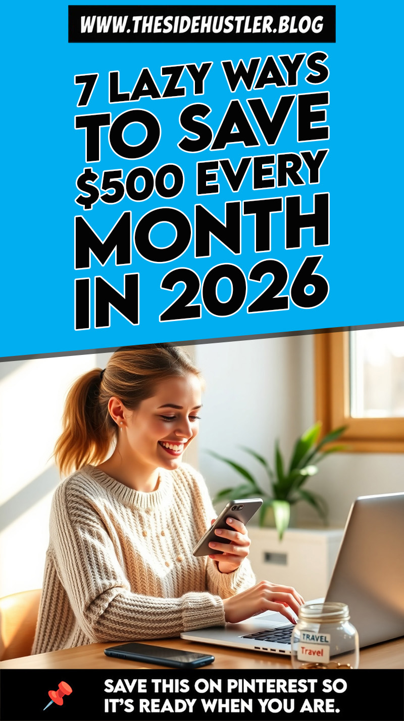 Happy woman using phone and laptop at home, learning lazy ways to save $500 every month in 2026.