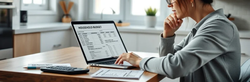 Woman reviewing a household budget focused on major expenses at home.
